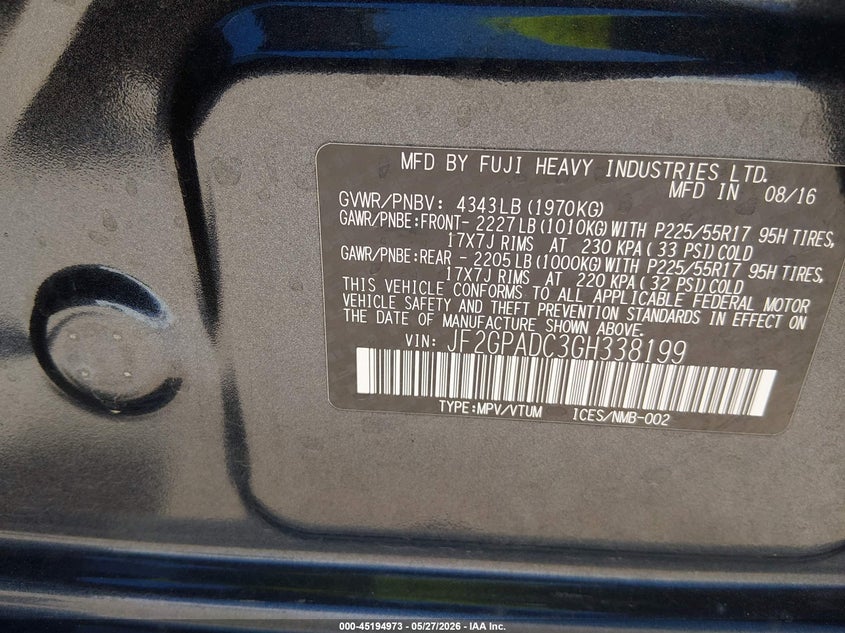 2016 Subaru Xv VIN JF2GPADC3GH338199 IAAI salvage auction — REAR END, Salvage (Arizona), sold $2,500 on 2026-07-30 (photo 9)