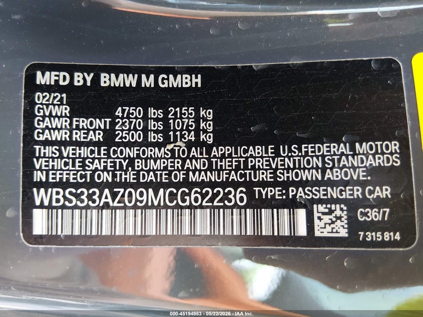 2021 BMW M4 VIN WBS33AZ09MCG62236 IAAI salvage auction — UNDERCARRIAGE, Original (Texas), sold $41,950 on 2026-07-20 (photo 9)