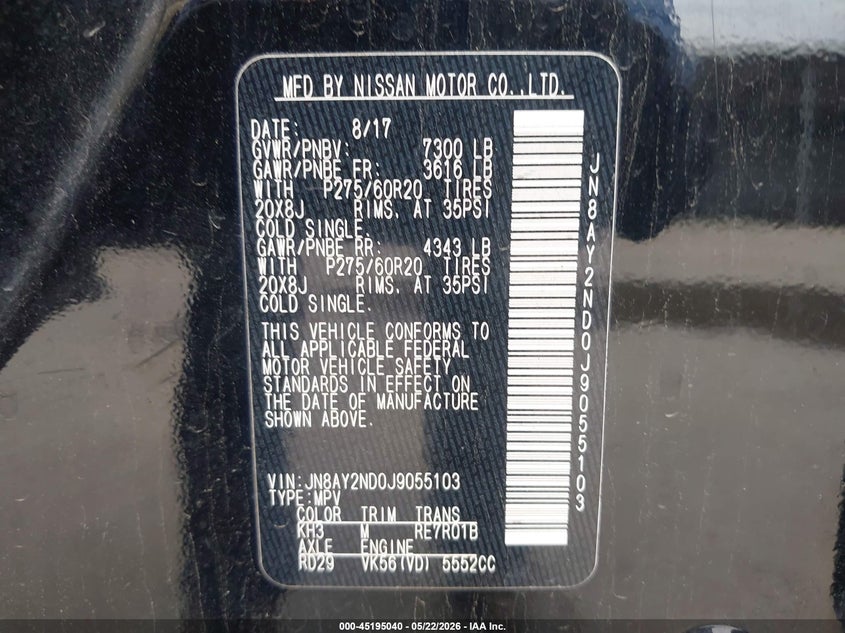 2018 Nissan Armada VIN JN8AY2ND0J9055103 IAAI salvage auction — HAIL, Original (Texas), sold $6,450 on 2026-07-22 (photo 9)