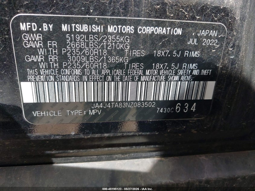 2022 Mitsubishi Outlander VIN JA4J4TA83NZ083502 IAAI salvage auction — HAIL, Salvage Title, sold $9,500 on 2026-07-30 (photo 9)