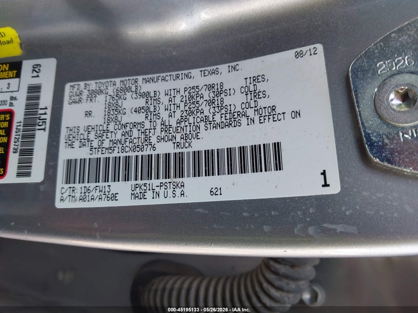 2012 Toyota Tundra VIN 5TFEM5F18CX050776 IAAI salvage auction — ROLLOVER, Salvage (Texas), sold $25 on 2026-07-21 (photo 9)