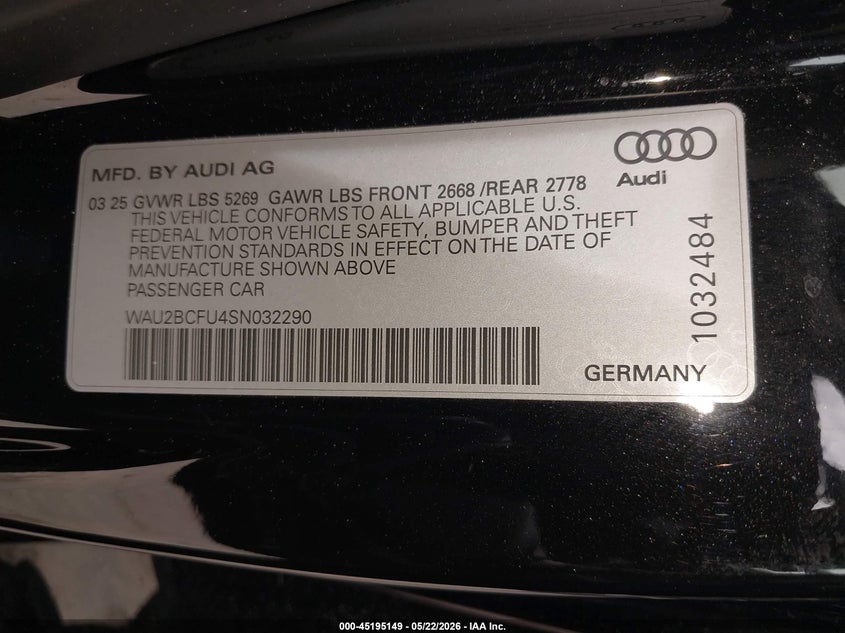 2025 Audi VIN WAU2BCFU4SN032290 IAAI salvage auction — FRONT END, Mv-907A (New York), sold $13,900 on 2026-07-28 (photo 9)