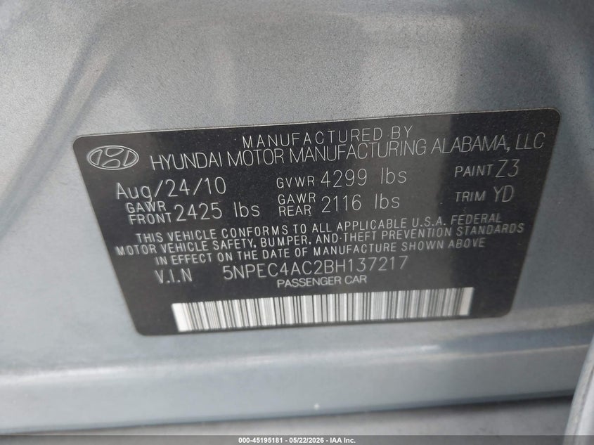 2011 Hyundai Sonata VIN 5NPEC4AC2BH137217 IAAI salvage auction — RIGHT FRONT, Salvage (Georgia), sold $550 on 2026-07-21 (photo 9)
