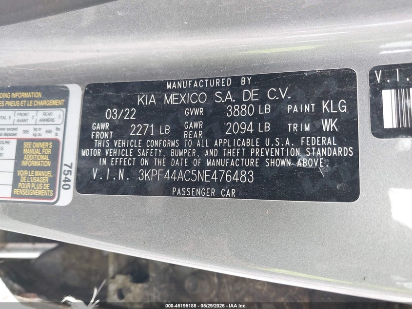 2022 Kia Forte VIN 3KPF44AC5NE476483 IAAI salvage auction — FRONT END, Salvage Title, sold $3,000 on 2026-07-28 (photo 9)