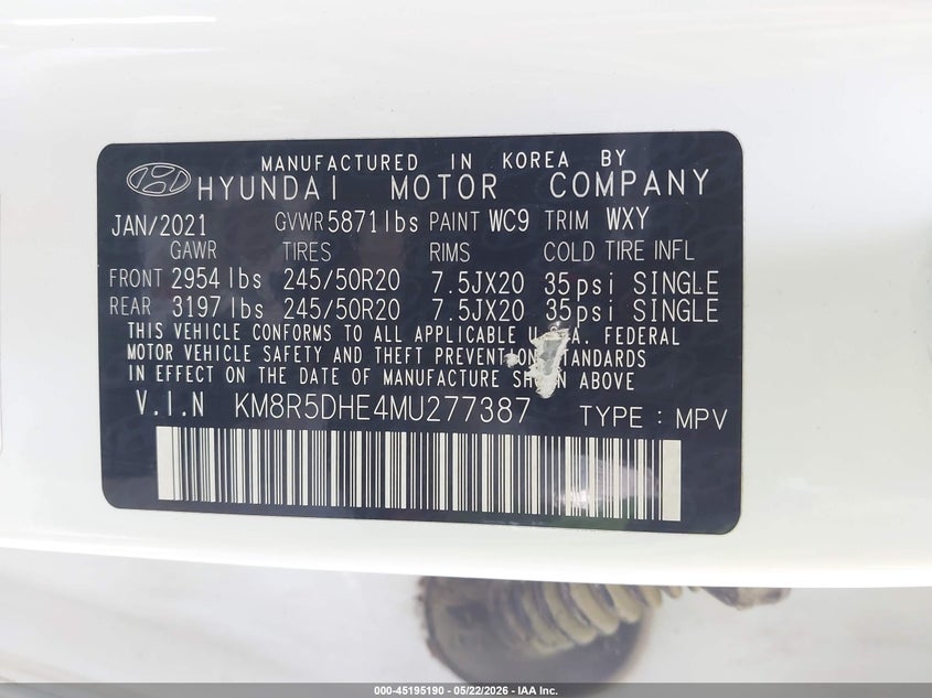 2021 Hyundai Palisade VIN KM8R5DHE4MU277387 IAAI salvage auction — FRONT END, Salvage (California), sold $10,950 on 2026-07-22 (photo 9)