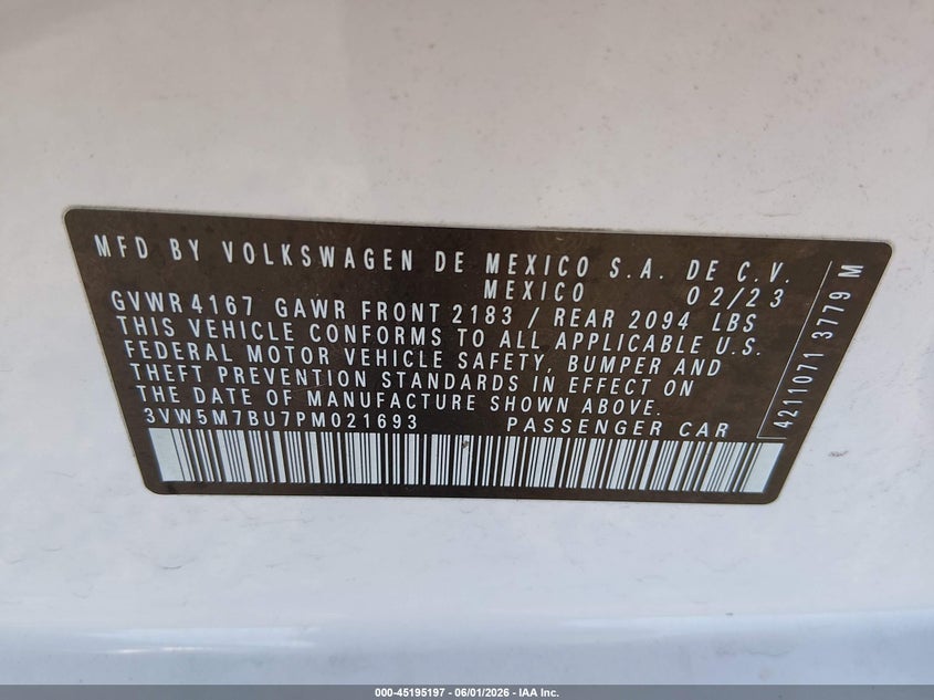 2023 Volkswagen Jetta VIN 3VW5M7BU7PM021693 IAAI salvage auction — HAIL, Salvage Title, sold $5,000 on 2026-07-09 (photo 9)