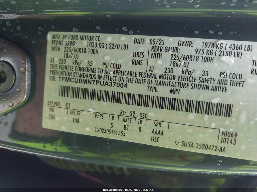 2023 Ford Escape VIN 1FMCU0MN7PUA37004 IAAI salvage auction — SIDE, Original (Texas), sold $7,775 on 2026-07-29 (photo 9)