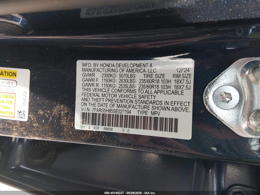 2025 Honda Cr-v VIN 7FARS5H85SE027194 IAAI salvage auction — FRONT END, Salvage Title, sold $1,775 on 2026-07-15 (photo 9)