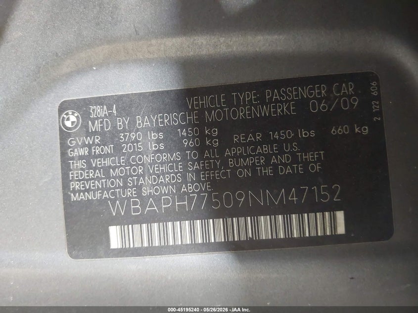 2009 BMW 3 series VIN WBAPH77509NM47152 IAAI salvage auction — FRONT END, Salvage (North Carolina), sold $450 on 2026-07-16 (photo 9)