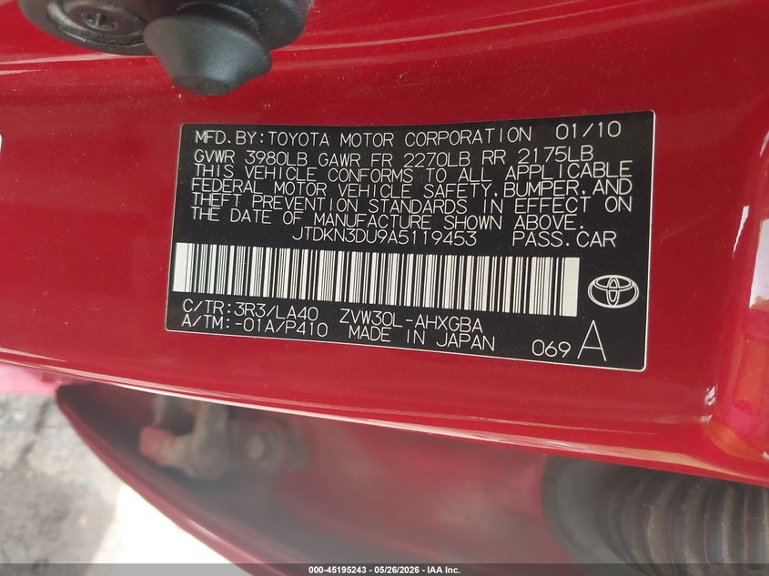 2010 Toyota Prius VIN JTDKN3DU9A5119453 IAAI salvage auction — REAR END, Salvage (South Carolina), sold $625 on 2026-07-08 (photo 9)