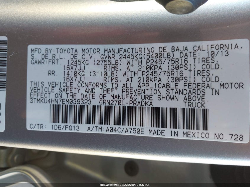 2014 Toyota Tacoma VIN 3TMKU4HN7EM039323 IAAI salvage auction — FRONT END, Salvage (California), sold $4,700 on 2026-07-09 (photo 9)