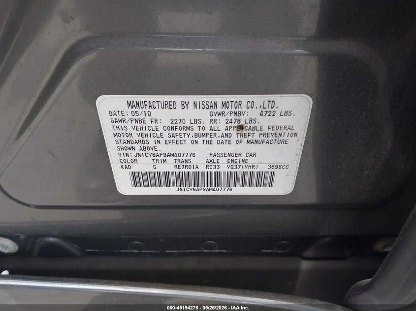 2010 Infiniti G VIN JN1CV6AP9AM407776 IAAI salvage auction — SIDE, Salvage Certificate (California), sold $2,550 on 2026-09-06 (photo 9)