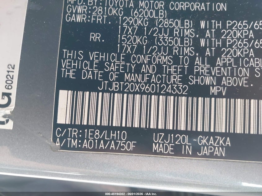 2006 Lexus Gx VIN JTJBT20X960124332 IAAI salvage auction — RIGHT SIDE, Mv-907A (New York), sold $1,450 on 2026-07-22 (photo 9)