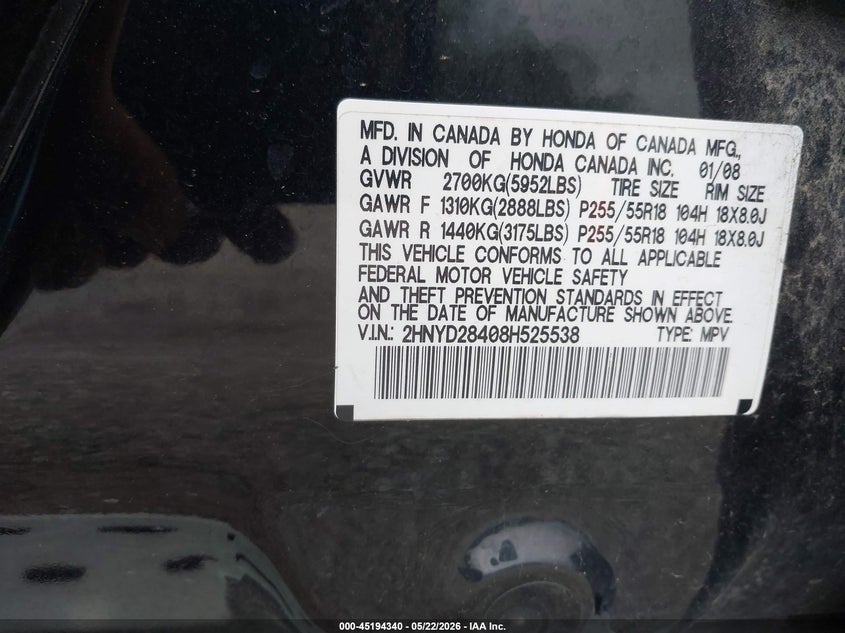 2008 Acura Mdx VIN 2HNYD28408H525538 IAAI salvage auction — HAIL, Clear (Missouri), sold $400 on 2026-07-27 (photo 9)