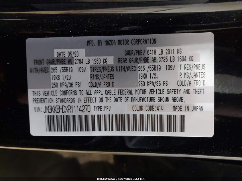 2024 Mazda Cx-90 VIN JM3KKBHDXR1114270 IAAI salvage auction — RIGHT FRONT, Salvage Title, sold $8,075 on 2026-07-16 (photo 9)
