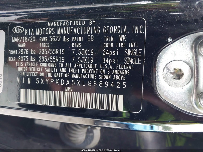 2020 Kia Sorento VIN 5XYPKDA5XLG689425 IAAI salvage auction — FRONT & REAR, Salvage - Greater Than 75% (Maryland), sold $1,450 on 2026-07-09 (photo 9)