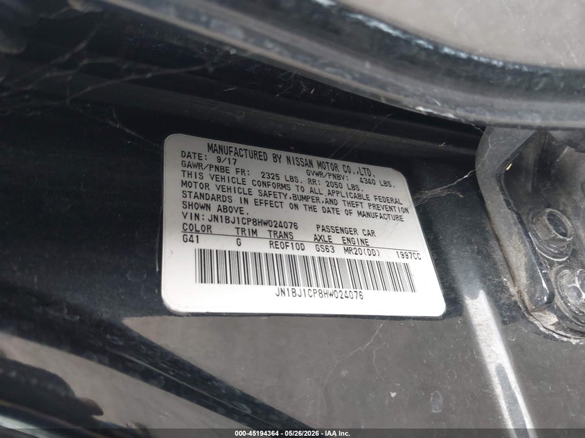 2017 Nissan Rogue VIN JN1BJ1CP8HW024076 IAAI salvage auction — FRONT & REAR, Salvage Title, sold $1,550 on 2026-07-24 (photo 9)