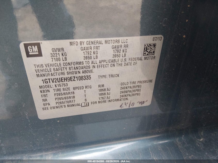 2014 Gmc SIERRA VIN 1GTV2UEH9EZ108335 IAAI salvage auction — HAIL, Salvage Title, sold $6,000 on 2026-07-29 (photo 9)