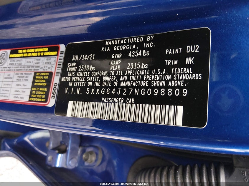 2022 Kia K5 VIN 5XXG64J27NG098809 IAAI salvage auction — FRONT END, Rebuildable (Florida), sold $4,500 on 2026-07-27 (photo 9)