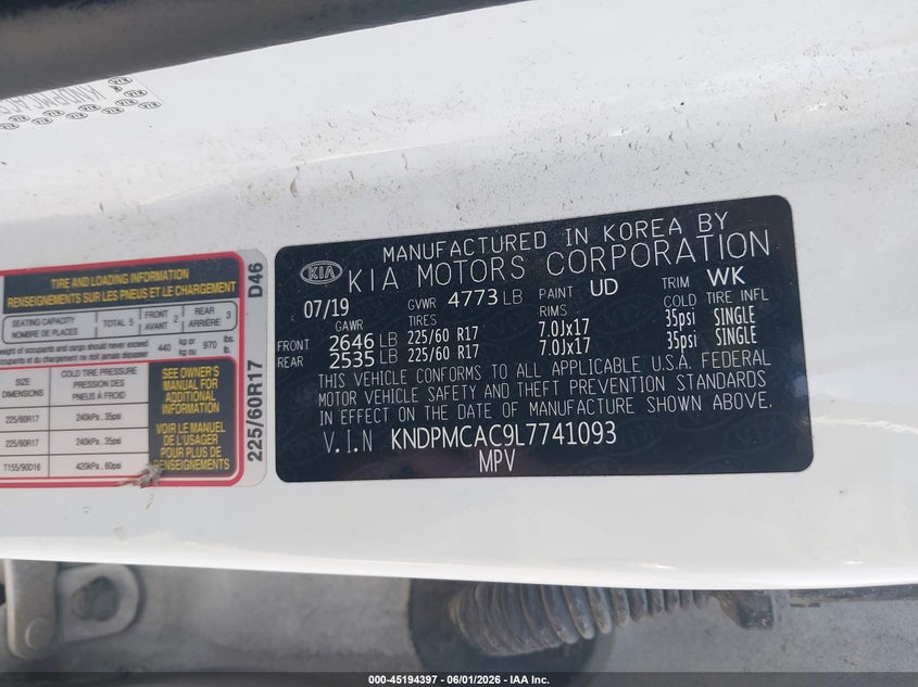 2020 Kia Sportage VIN KNDPMCAC9L7741093 IAAI salvage auction — HAIL, Clear (Missouri), sold $2,300 on 2026-07-27 (photo 9)