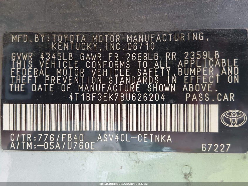 2011 Toyota Camry VIN 4T1BF3EK7BU626204 IAAI salvage auction — LEFT FRONT, Salvage (Tennessee), sold $475 on 2026-07-11 (photo 9)