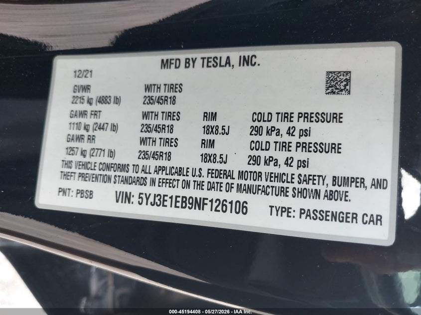2022 Tesla Model 3 VIN 5YJ3E1EB9NF126106 IAAI salvage auction — FRONT & REAR, Salvage Title, sold $50 on 2026-07-23 (photo 9)