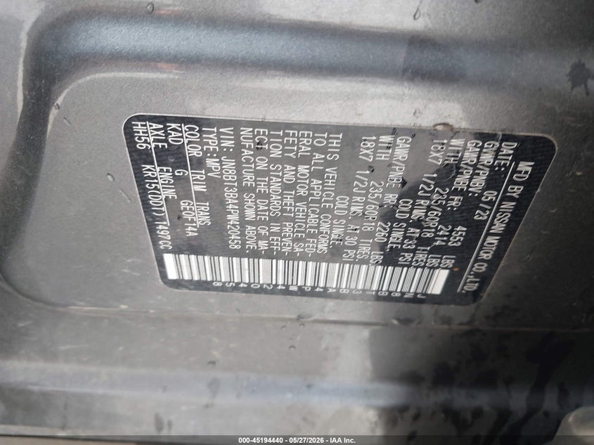 2023 Nissan Rogue VIN JN8BT3BA4PW420458 IAAI salvage auction — FRONT END, Salvage Title, sold $4,650 on 2026-07-11 (photo 9)