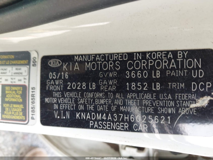 2017 Kia Rio VIN KNADM4A37H6025621 IAAI salvage auction — SIDE, Salvage Title, sold $525 on 2026-07-07 (photo 9)