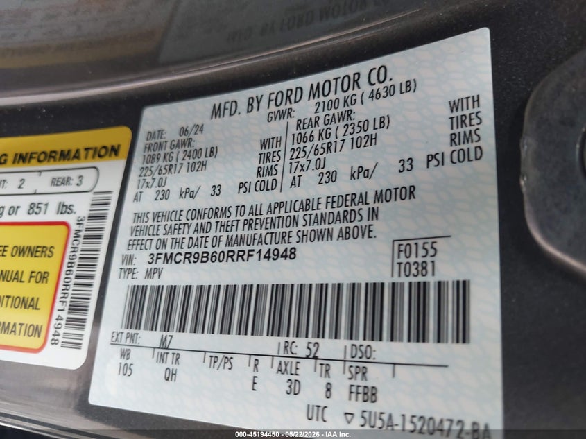 2024 Ford Bronco sport VIN 3FMCR9B60RRF14948 IAAI salvage auction — RIGHT SIDE, Wait Title, sold $10,000 on 2026-08-18 (photo 9)