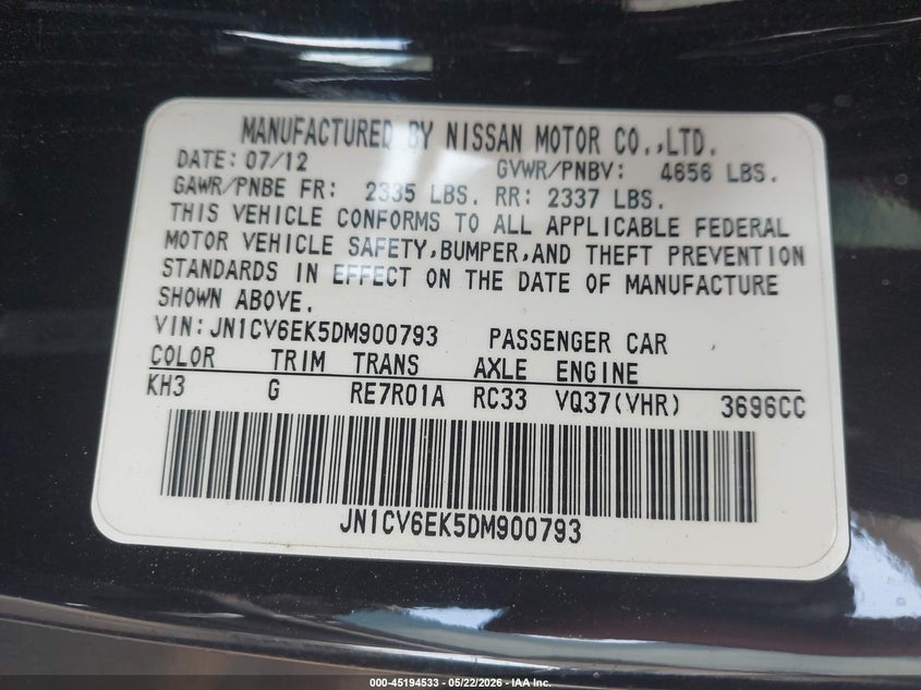 2013 Infiniti G VIN JN1CV6EK5DM900793 IAAI salvage auction — REAR END, Salvage (California), sold $2,050 on 2026-07-08 (photo 9)