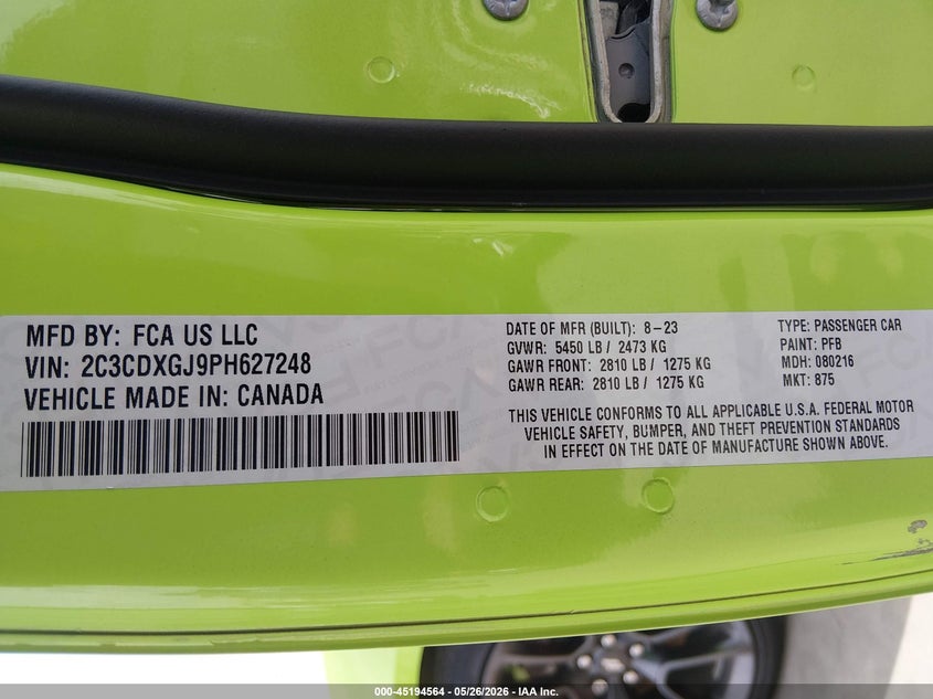 2023 Dodge Charger VIN 2C3CDXGJ9PH627248 IAAI salvage auction — FRONT END, Original (Texas), sold $23,700 on 2026-07-28 (photo 9)