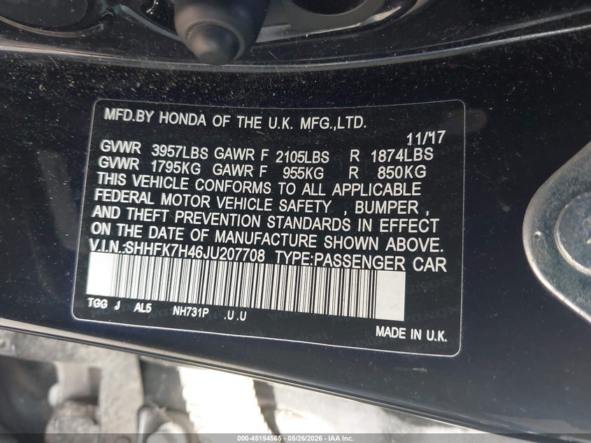 2018 Honda Civic VIN SHHFK7H46JU207708 IAAI salvage auction — REAR END, Salvage (Texas), sold $5,750 on 2026-07-15 (photo 9)