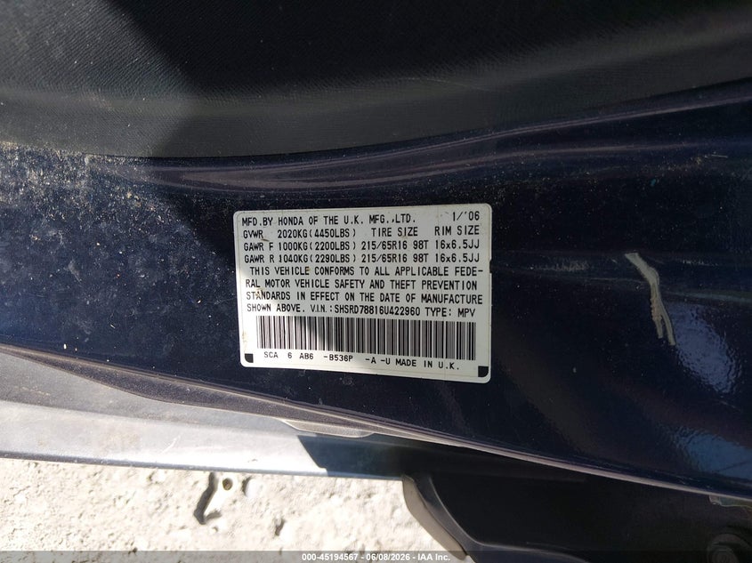 2006 Honda Cr-v VIN SHSRD78816U422960 IAAI salvage auction — NORMAL WEAR, Clear (Tennessee), sold $600 on 2026-07-21 (photo 9)