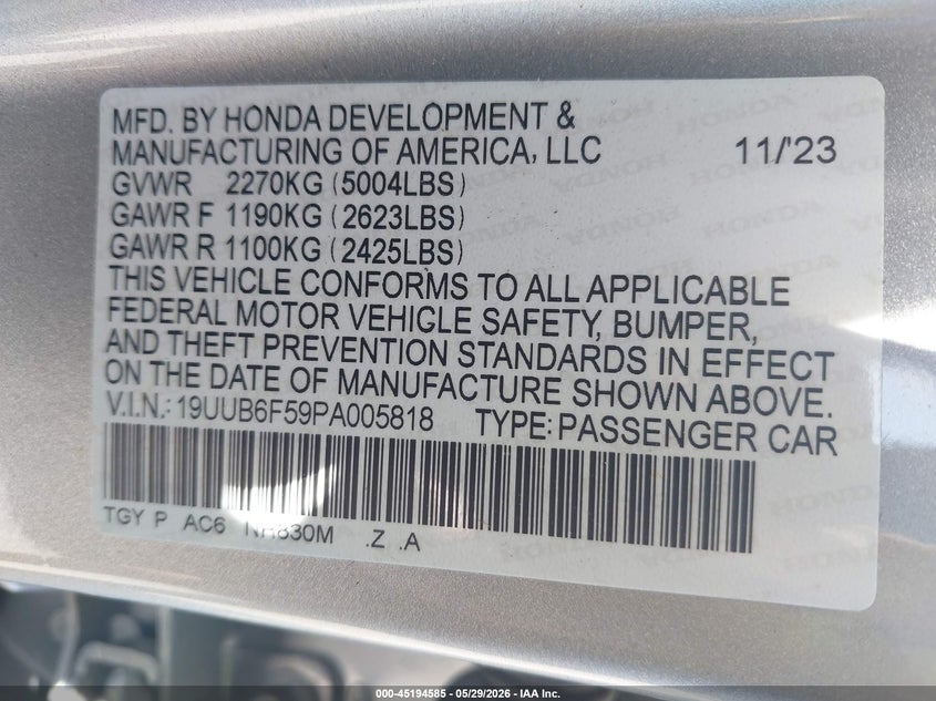 2023 Acura Tlx VIN 19UUB6F59PA005818 IAAI salvage auction — FRONT END, Salvage Title, sold $8,200 on 2026-08-27 (photo 9)