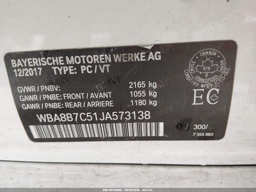 2018 BMW 3er VIN WBA8B7C51JA573138 IAAI salvage auction — FRONT END, Bill Of Sale (Washington), sold $14,650 on 2026-07-08 (photo 9)