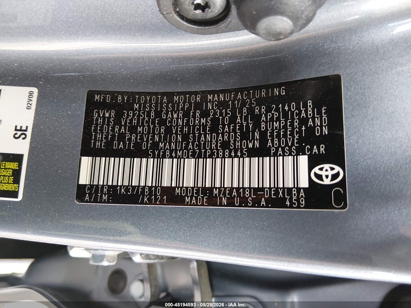 2026 Toyota Corolla VIN 5YFB4MDE7TP388445 IAAI salvage auction — REAR END, Salvage Title, sold $8,800 on 2026-07-23 (photo 9)