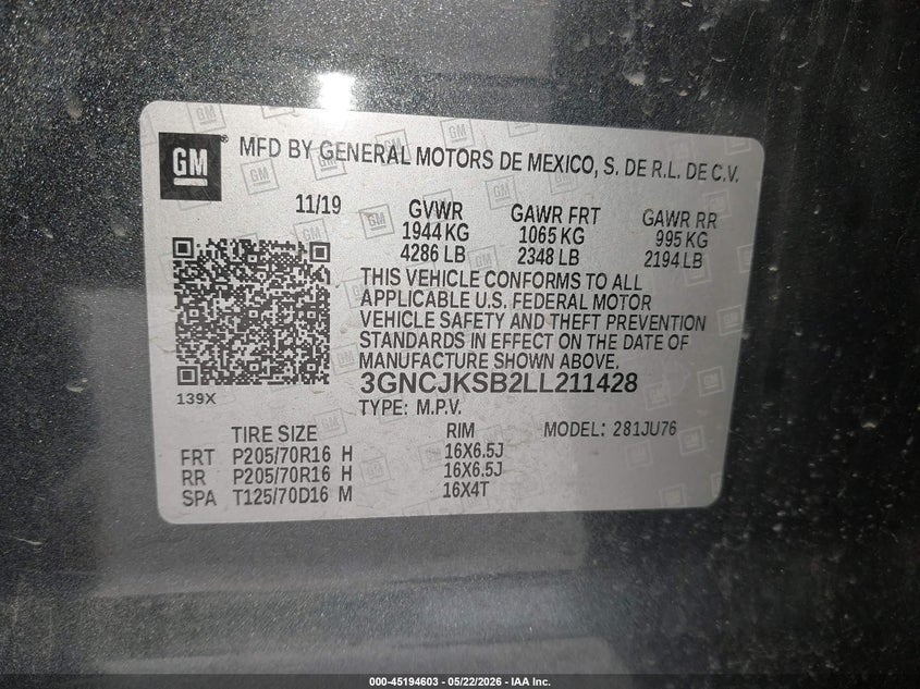 2020 Chevrolet Trax VIN 3GNCJKSB2LL211428 IAAI salvage auction — RIGHT SIDE, Salvage (Texas), sold $2,250 on 2026-07-09 (photo 9)