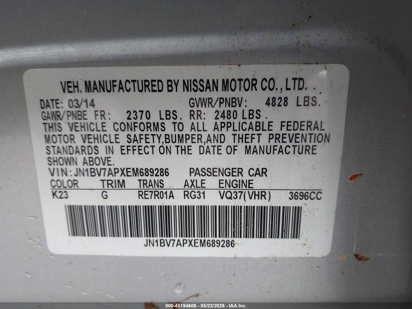 2014 Infiniti Q50 VIN JN1BV7APXEM689286 IAAI salvage auction — NORMAL WEAR, Certificate Of Title (Nebraska), sold $775 on 2026-07-09 (photo 9)