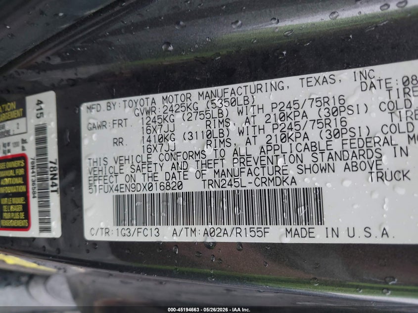 2013 Toyota Tacoma VIN 5TFUX4EN9DX016820 IAAI salvage auction — FRONT END, Salvage (North Carolina), sold $1,975 on 2026-07-31 (photo 9)