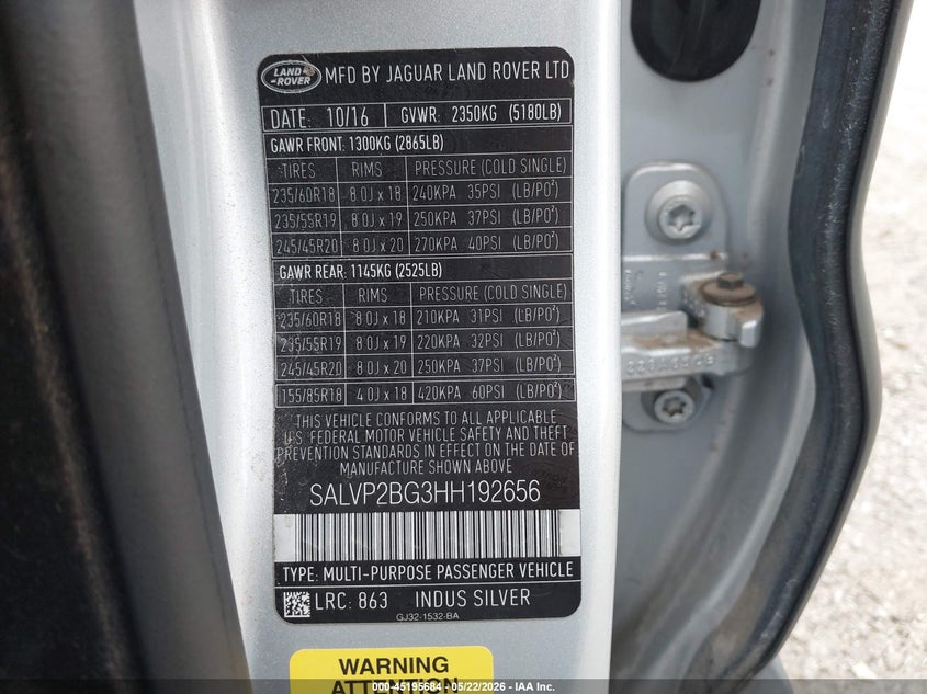 2017 Land rover Range rover evoque VIN SALVP2BG3HH192656 IAAI salvage auction — HAIL, Clear (Missouri), sold $25 on 2026-07-27 (photo 9)