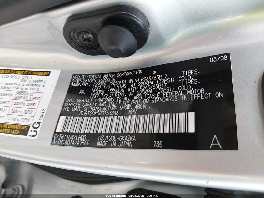 2008 Lexus Gx 470 VIN JTJBT20X080163846 IAAI salvage auction — LEFT FRONT, Salvage (Mississippi), sold $3,150 on 2026-07-08 (photo 9)