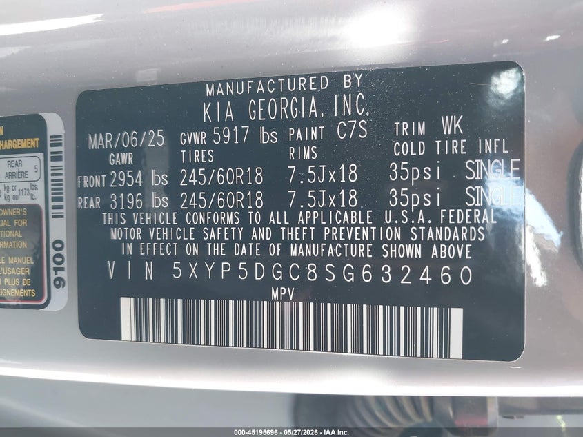 2025 Kia Telluride VIN 5XYP5DGC8SG632460 IAAI salvage auction — FRONT END, Salvage Title, sold $15,525 on 2026-07-14 (photo 9)