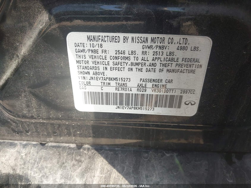 2019 Infiniti Q50 VIN JN1EV7AP8KM515273 IAAI salvage auction — REPOSSESSION, Original (Texas), sold $2,150 on 2026-07-14 (photo 9)