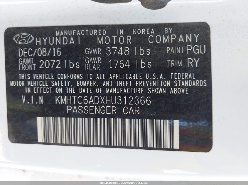 2017 Hyundai Veloster VIN KMHTC6ADXHU312366 IAAI salvage auction — UNDERCARRIAGE, Original (Texas), sold $475 on 2026-07-29 (photo 9)