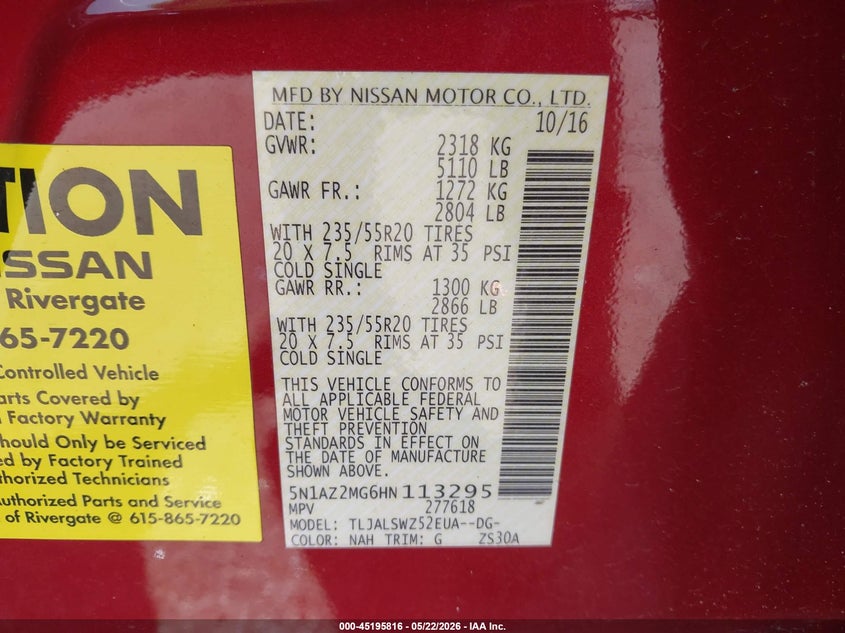 2017 Nissan Murano VIN 5N1AZ2MG6HN113295 IAAI salvage auction — HAIL, Original (Texas), sold $4,075 on 2026-07-09 (photo 9)