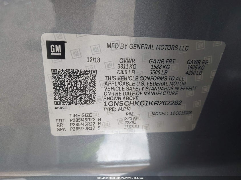 2019 Chevrolet Suburban VIN 1GNSCHKC1KR262282 IAAI salvage auction — HAIL, Original (Texas), sold $7,100 on 2026-07-09 (photo 9)
