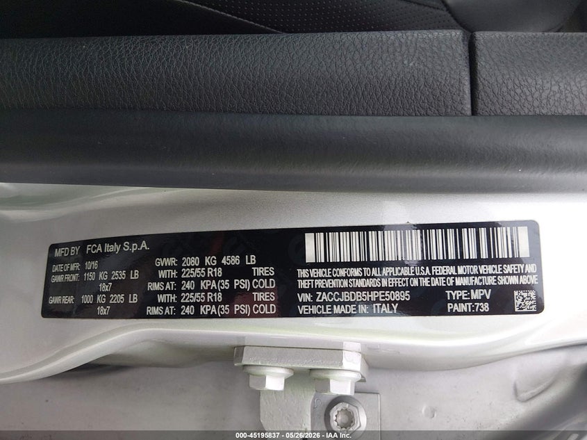 2017 Jeep Renegade VIN ZACCJBDB5HPE50895 IAAI salvage auction — FRONT END, Salvage (Missouri), sold $550 on 2026-08-17 (photo 9)