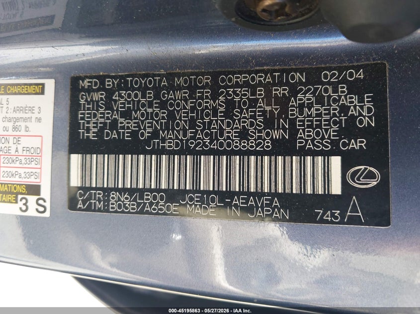 2004 Lexus Is VIN JTHBD192340088828 IAAI salvage auction — NORMAL WEAR, Clear - Dealer Only (California), sold $600 on 2026-07-09 (photo 9)