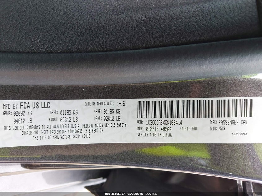 2016 Chrysler 200 VIN 1C3CCCABXGN168414 IAAI salvage auction — FRONT END, Salvage Title, sold $1,850 on 2026-07-29 (photo 9)