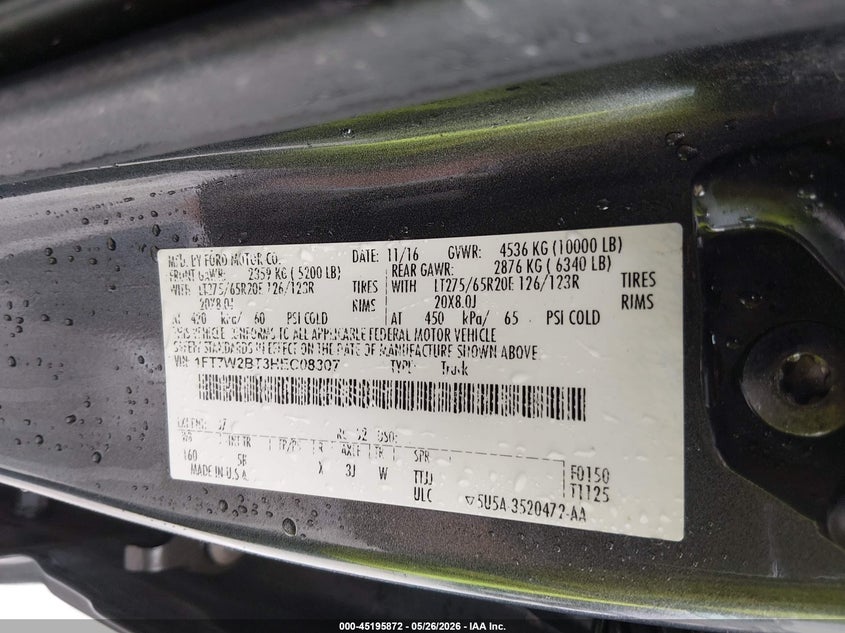 2017 Ford F250 VIN 1FT7W2BT3HEC08307 IAAI salvage auction — HAIL, Salvage Title, sold $12,400 on 2026-07-25 (photo 9)